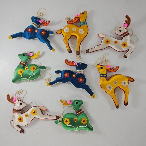 Vintage Chinese Silk Satin Embroidered Reindeer Christmas Ornaments Set Of 8 - Picture 1 of 9